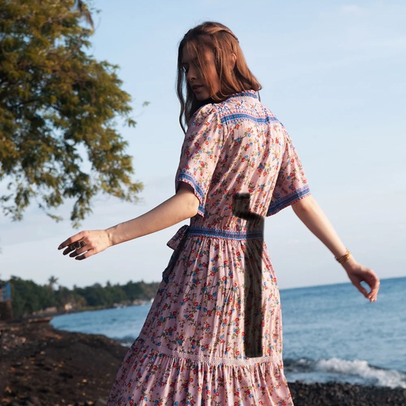 TULLE & BATISTE handmade floral Pink and Blue Wrap Rayon Maxi Dress NWT - Picture 6 of 16